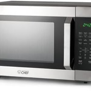 COMMERCIAL CHEF 1.6 Cubic Foot Microwave with 10 Power Levels, Small Microwave with Pull Handle Child Safety Lock, 1100 Watt Microwave with Digital Control Panels,Stainless Steel